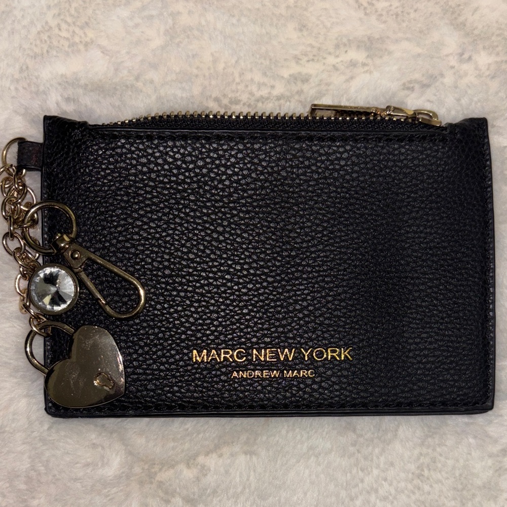 Marc New York Black Pebbled Leather Zip Card Case with Gold Charm